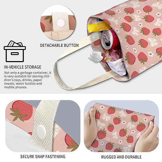 Cute Car Trash Can, Hanging Canvas Car Back Seat Organizer and Storage Bag, Funny Car Trash Bag for Travelling, Outdoor Cute Pink Strawberry