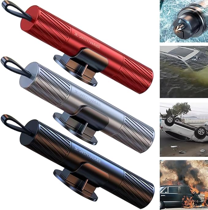 Safehammer - Safe Hammer Glass Breaker Under Water, Car Hammer Seatbelt Cutter Window Breaker Emergency Escape Tool,Safehammer Glass Breaker for New Cars (3PCS Red & Black & Silver)