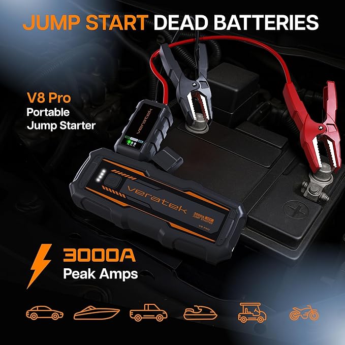 V8 Pro 3000A Car Battery Jump Starter Portable (8.0L Gas & 6.0L Diesel) – 12V Lithium Battery Booster Pack with SmartCharge Safety, Jumper Cables, 20000mAh Power Bank, Jump Box, LED Light