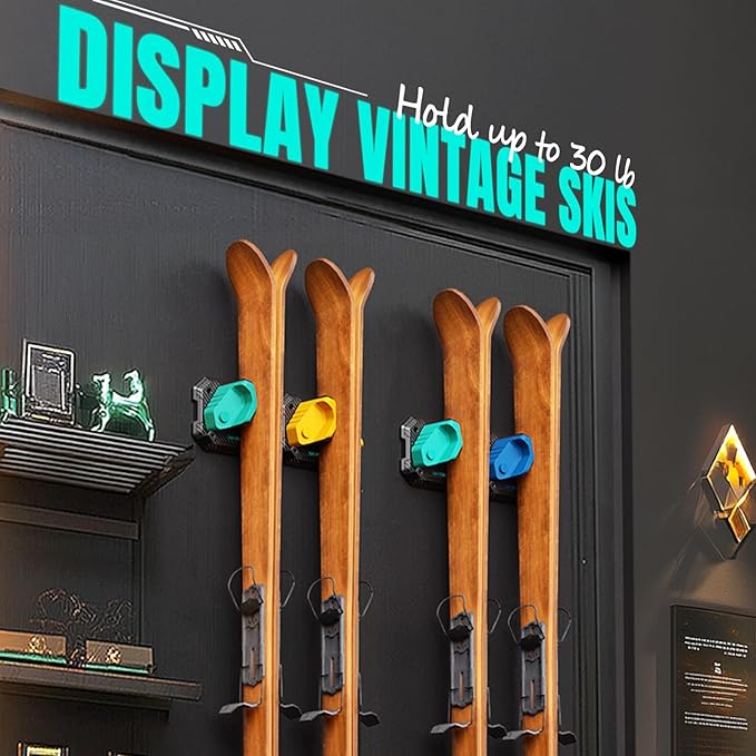 Ski & Snowboard Wall Rack for Garage Wall Fits Any Ski/board, Ski Wall Mount Holders Damage-Free Storage Rack, Garage Organization Space-Saving Winter Gear Organizer, Green, 6 Pack