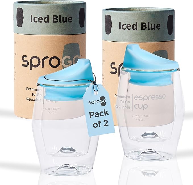To-Go Espresso Glass Travel Mug with Lid, Reusable Double Wall Glass Tumbler, Fits Most Coffee Makers/Cupholders for Your Car, Gifts for Coffee Lovers, 2-Pack Iced Blue Cortado Cups