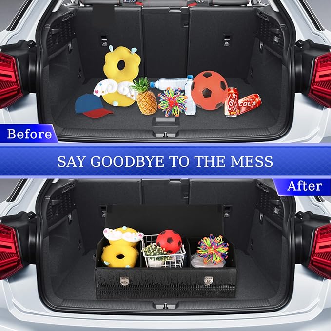 Trunk Organizer for Car, SUV Trunk Organizer Leather Storage, Cargo Box-Automotive Consoles Organizers-Multi-Compartment Adjustable Auto Grocery Home Storage Box