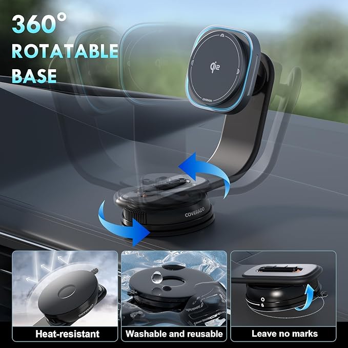 Coverado for 15W Magsafe Car Mount Charger, QI2 Wireless Car Charger Phone Holder fwith Adjustable Aluminum Alloy Arm, Magnetic Car Phone Holder Suction Cup for iPhone 17/16/15/14/13/12