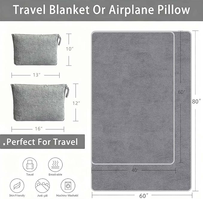 Travel Blanket Pillow, Soft Airplane Blanket 2-in-1, Travel Blanket Airplane Compact with Bag, Travel Essentials Accessories for Plane and Car,60x80 Grey