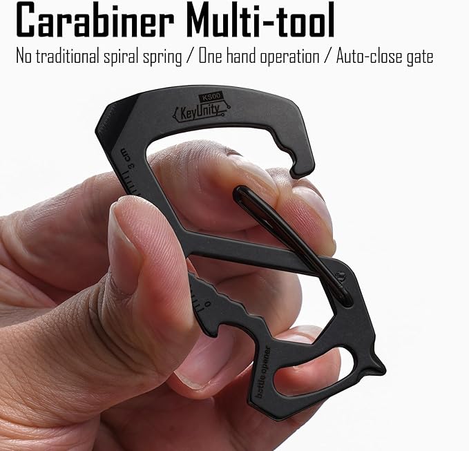 KeyUnity KS00BK Carabiner Clip Multitool Stainless Steel 7 Tools in 1, Quick Release Clasp, Wrench, Cross Screwdriver, Slotted Screwdriver, Bottle Opener, Ruler, Key Holder (PVD Black)