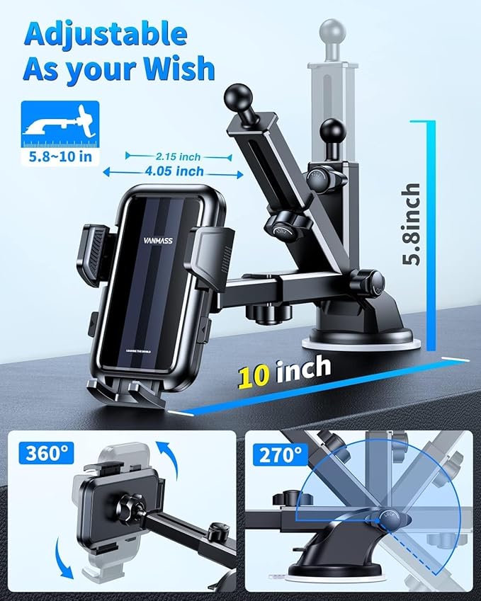 VANMASS 【85+LBS Strongest Suction & Military-Grade Ultimate Car Mount【Patent & Safety Certs】 Cell Phone Holder Truck Stand for GPS Vehicle Dashboard Windshield Vent for iPhone Samsung, Carbon Black