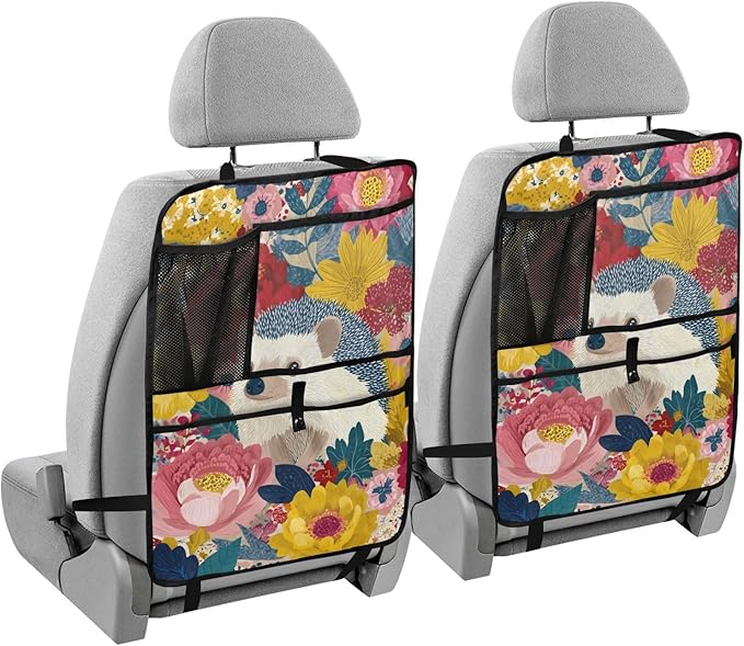 1 Pack Back Seat Car Organizer with Storage Pockets Kick Mats Back Seat Protector Hanging Car Organizer Automotive Seat Back Cover Organizers Garden Flowers Hedgehogs Colorful
