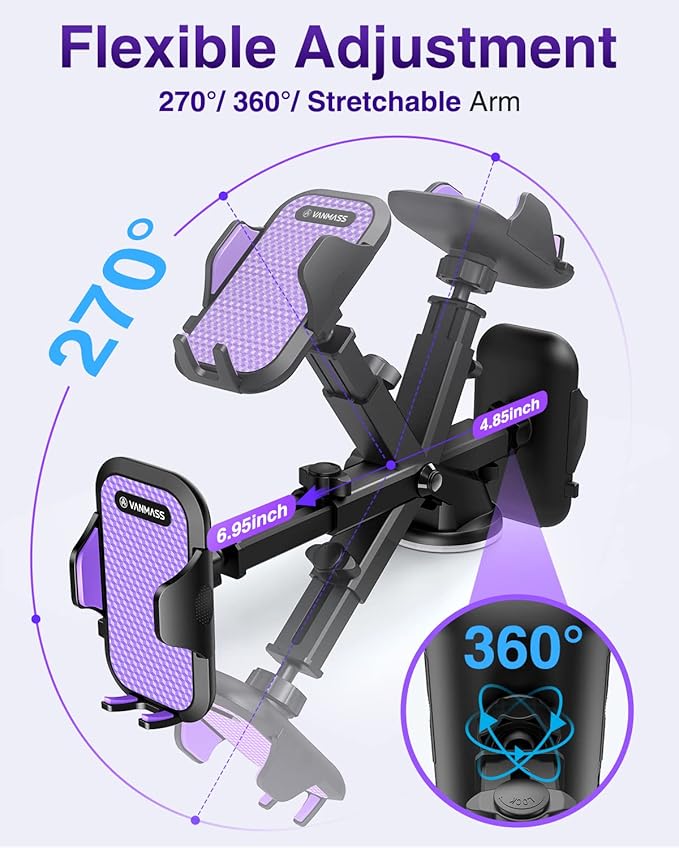 VANMASS Ultimate Car Phone Holder 2025【Military-Grade & Strongest Suction】 Phone Holder for Your Car【Patent & Safety Certs】 Windshield Dashboard Vent Cell Phone Car Mount for iPhone Samsung Android