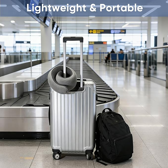 Travel Neck Pillow for Airplanes - 100% Memory Foam, 360° Head Support, Breathable & Removable and Washable, Compact for Travel, Car & Flights - Grey