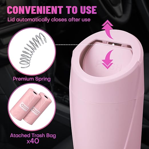Car Trash Can Bin with Lid - 2 Packs Car Garbage Can Cup Holder - Pink Mini Leakproof Vehicle Garbage Bin with 40pcs Trash Bags-Automobile Organizers and Storage for Front Back Seat Accessories