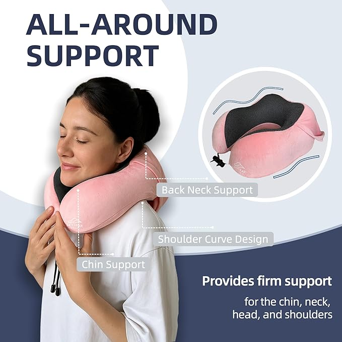 Travel Pillow with Extra Large Hood for Airplane Long Flights Privacy and Comfort Memory Foam with Velvet Cover for Road Trip Head&Neck Support for Plane Office Cars Sleeping & Rest (Pink)