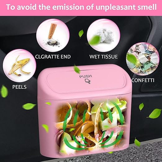 Accmor Car Trash Can with Lid, Leakproof Vehicle Garbage Organizer Holder Bin with 60 Pack Trash Bags, Mini Auto Dustbin Accessories Storage Container for Vans, SUVs, Office (Pink)