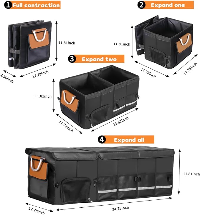 HAMOPY Car Trunk Organizer and Storage with Separate Compartment for 1 Pair of Shoes, Heavy Duty with Lid & Removable Leakproof Cooler Bag, Collapsible Large Trunk Organizers for SUV Sendan (Black)