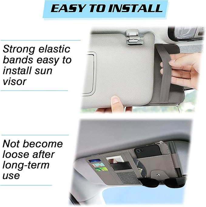 Car Sun Visor Organizer, Leather Pocket Organizer Sunglass Holder for Car Interior Accessories with Multi-Pocket Net Zipper (2 Pack Gray)