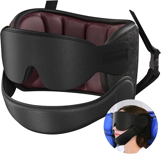 Travel Pillows for Airplanes with Sleep Eye Mask, Chin Strap, Airplane Pillow for Long Flights, Car Road Trip, 360° Headrest, Stop Bobblehead, Red