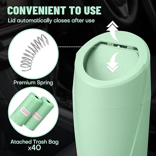 Car Trash Can Bin with Lid - 2 Packs Car Garbage Can Cup Holder - Green Mini Leakproof Vehicle Trash Garbage Can Bin with 40pcs Trash Bags-Car Organizers and Storage for Front Back Seat Accessories
