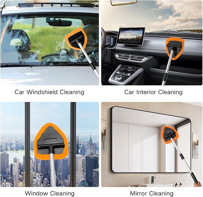 10pcs Windshield Cleaning Tool Inside Car Window Cleaner Wash Kit with 4 Reusable Microfiber Pads 1 Spray Bottle and Extendable Handle Interior Auto Glass Wiper Kit, Orange
