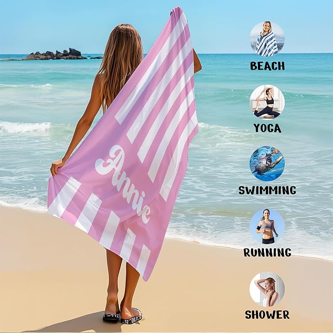 JML Personalized Beach Towel with Name, Custom Cabana Stripe Beach Towel, Customized Microfiber Pool Towel, Quick Dry & Absorbent Swim Towel for Adult,Mother's Day, Birthday, Summer Holiday,Vacation