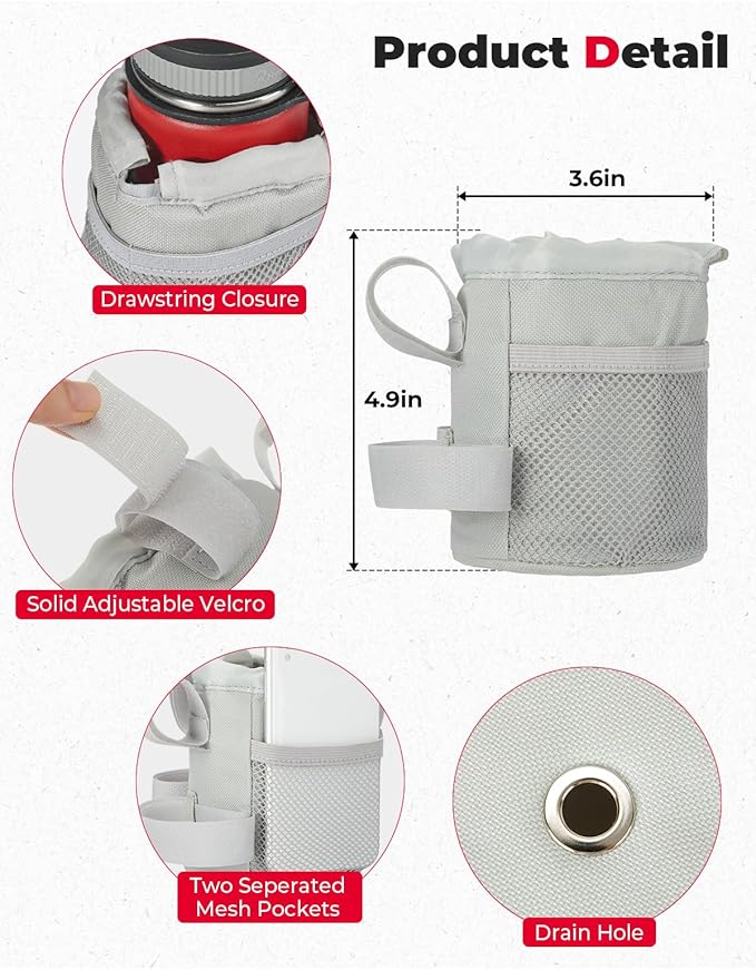 KEMIMOTO Bicycle Cup Holder with Mesh Pockets Phone Bag, Compatible with Road Bike MTB E-Bike Scooter Wheelchair (Gray)