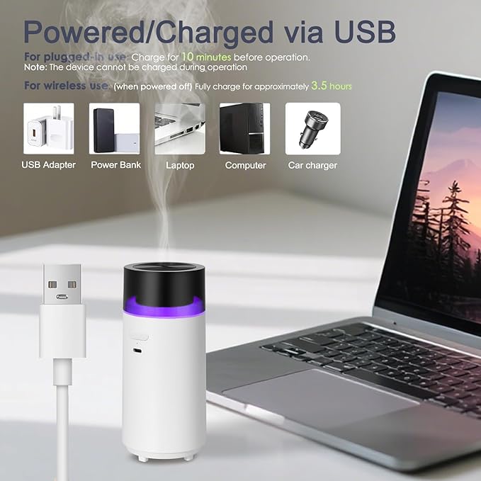 Car Diffusers for Essential Oils,Built-in 3000mAH Rechargeable Battery, Cordless Portable Cool Mist Aromatherapy Diffuser,Auto On/Off with Car,4/8 Timer Modes,for Home,Office,Travel(White)