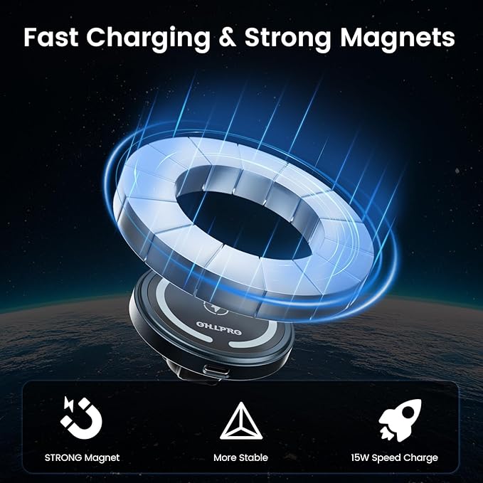 OHLPRO for MagSafe Car Mount Charger iPhone Wireless Car Charger, Stick on Dashboard Magnetic Phone Holder Mount for iPhone 17 Pro Plus Max 16 15 14 13 12 Series, 15W Fast Charging, Aluminum Shell