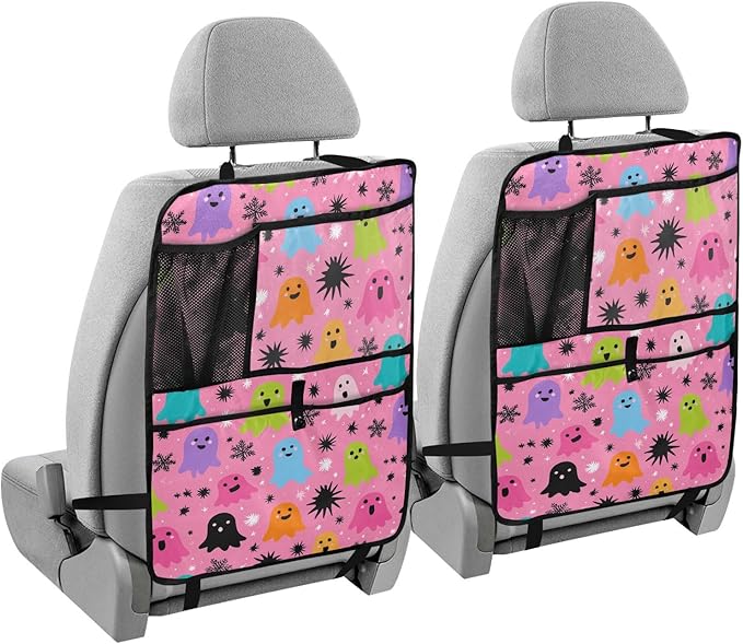 1 Pack Back Seat Car Organizer with Storage Pockets Kick Mats Back Seat Protector Hanging Car Organizer Automotive Seat Back Cover Organizers Hot Pink Halloween Ghost Snowflakes