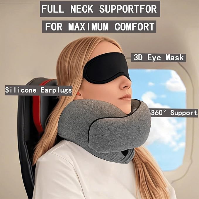 Neck Pillow for Traveling, Travel Neck Pillow for Airplanes, 100% Pure Memory Foam, 360° Support Stowable Pillows for Sleeping, Breathable & Washable Cover, Compact for Travel, Car & Office (Gray)