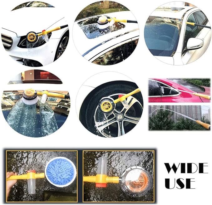 Spinning Car Wash Brush Soft Microfiber, Auto Rotate Car Brush Mop with Soap Dispenser, Exterior Car Cleaning Brush Attached to Hose,Soap Dispenser (Yellow)