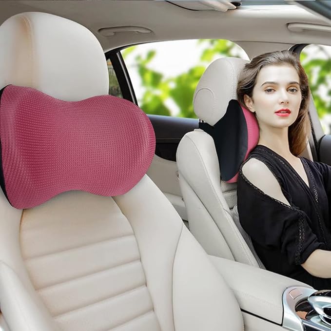 Super Great Car Headrest Pillow, Car Pillow for Neck Pain Relief with Adjustable Strap, 100% Memory Foam & Breathable Removable Cover, Ergonomic Design - Softness Travel Car Neck Pillow(Wine-Red, 1PC)