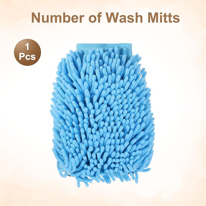 HARFINGTON Chenille Microfiber Car Wash Mitts 9.8" x 7.9" Scratch Free Wash Gloves Absorbent Double Sided Plush Cleaning Drying Mitts for Car Washing Home Clean, Light Blue