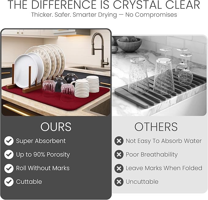 Bellemain XXL Dish Mat 24" x 17" ( LARGEST MAT ) Microfiber Dish Drying Mat , Super absorbent ( Red )