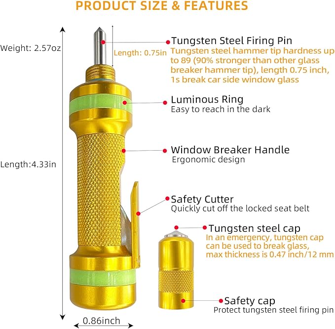 Allelic Car Window Breaker Tool, Window Breaker Seatbelt Cutter, Window Breaker, Glass Breaker, Spring Loaded Window Breaker for Land & Underwater (Gold)