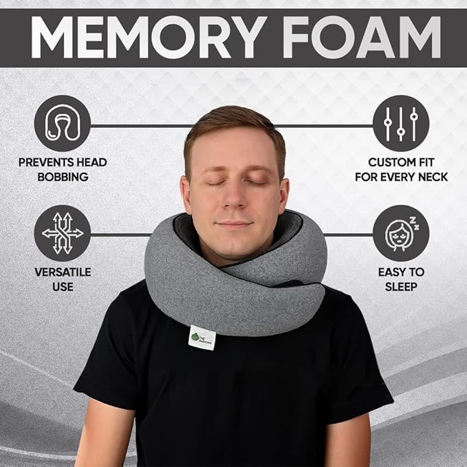 Travel Neck Pillow 100% Memory Foam, Ergonomic 360° Support Pillow for Flights, Car, Office & Train, Breathable Travel Essentials for Adults & Kids, Neck Pain Relief, (GREY)