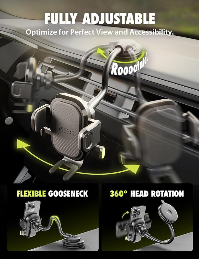 Bracketron OneClick Flexible Phone Holder for Car Dashboard,Windshield & Vent,3 in 1 Car Phone Holder with 7" Adjustable Gooseneck Arm,360 Rotation Car Phone Mount for All iPhone Android Smartphone.