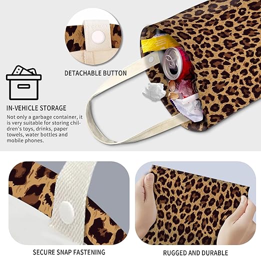 Cute Car Trash Can, Hanging Canvas Car Back Seat Organizer and Storage Bag, Funny Car Trash Bag For Travelling, Outdoor Cute Brown Leopard