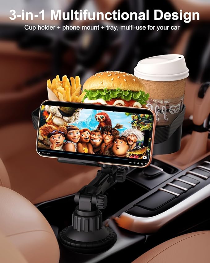 3 in1 Car Cup Holder Expander with 360° Rotation Phone Mount, Multifunctional Car Food Tray for Eating, Drinking, and Phone Mounting, Ideal for Travel, Auto, Trucker & Daily Driving