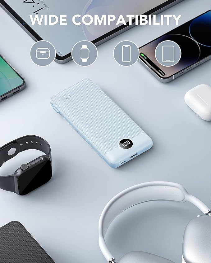 VRURC Portable Charger Built-in Cables and AC Wall Plug, USB C Power Bank 10000mAh, Travel Essentials Phone Charger Compact Lightweight External Battery Pack for Smart Phones, Tablets etc-Blue