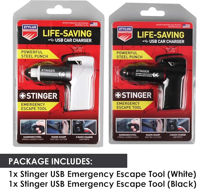 Stinger USB Emergency Escape Tool: Life-Saving Rescue Car Charger, Spring Loaded Window Breaker, Seat belt Cutter, Dual USB Ports Max. 2.4A (1x Black and 1x White Stinger)