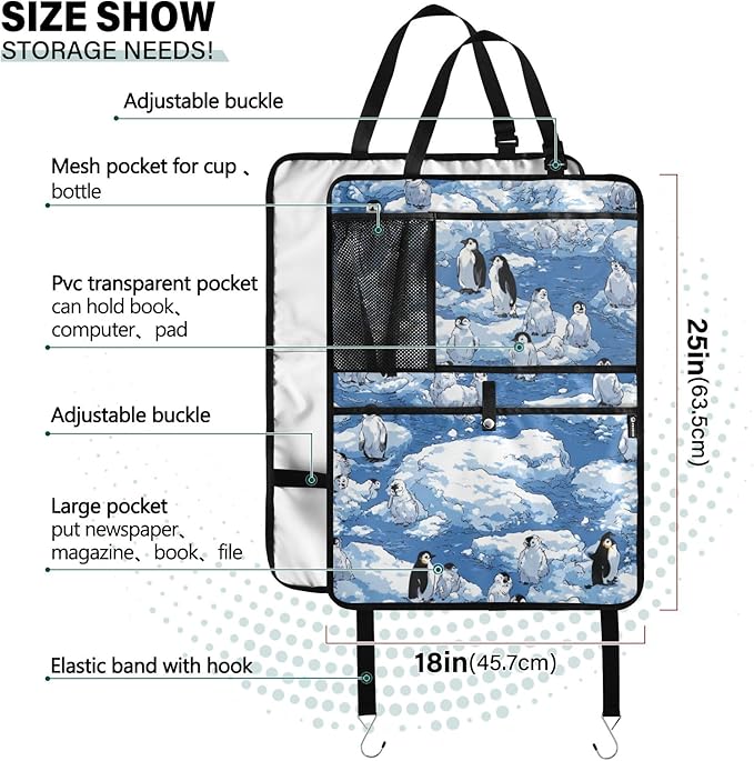 1 Pack Back Seat Car Organizer with Storage Pockets Kick Mats Back Seat Protector Hanging Car Organizer Automotive Seat Back Cover Organizers Blue Penguins Ice Flowers Snow