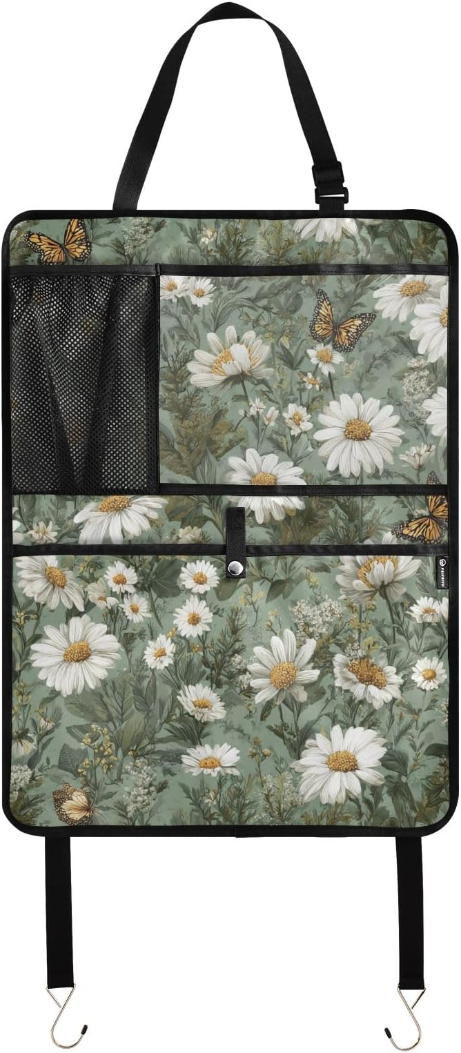 1 Pack Back Seat Car Organizer with Storage Pockets Kick Mats Back Seat Protector Hanging Car Organizer Automotive Seat Back Cover Organizers Summer Daisy Butterfly Green