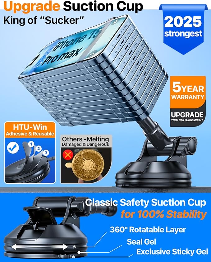 HTU 2025 Upgraded for Magsafe Car Mount [80LBS Strongest Suction & Military-Grade] Powerful Magnetic Cell Phone Holder for Car Dashboard Windshield for iPhone 17 16 15 14 Pro Max Mini,Black