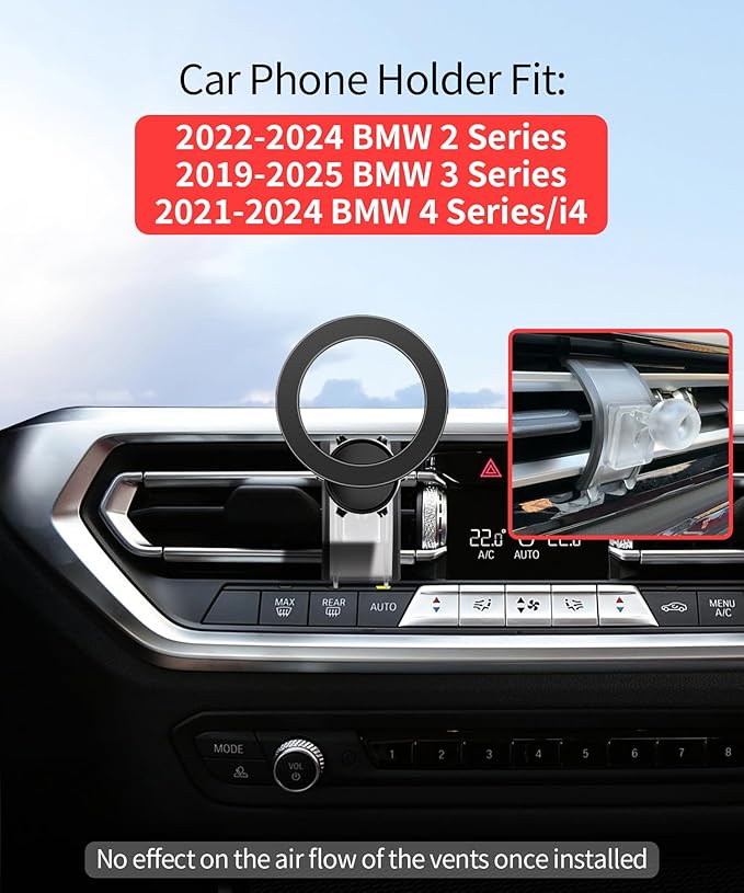 Car Phone Holder for BMW 3 Series 2019-2025 4 Series/i4 2021-2024 2 Series 2022-2024 Accessories, 360° Rotation Phone Mount Compatible with MagSafe