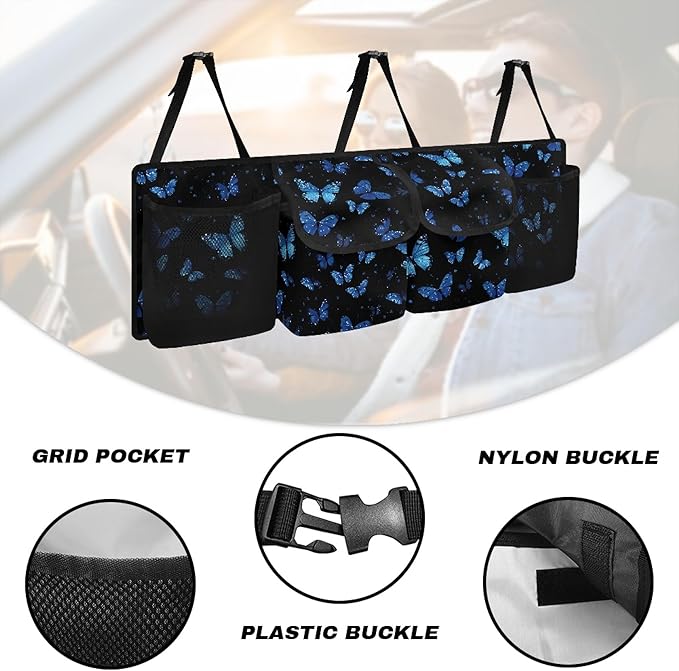 CLOHOMIN Blue Butterfly Car Trunk Organizer for Sedan Truck SUV Fashion Auto Trunk Mesh Storage Easy to Install Car Rear Seat Hanging Storage Bag Car Accessories