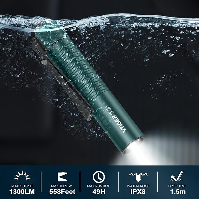 VTIGER T1A Mini Pocket EDC Flashlight with Clip,1300 Lumen Compact AA Rechargeable LED Little Flashlights, Super Bright Tail Switch Small Flash Light with Magnet for Camping,Hiking,Outdoor,Emergency