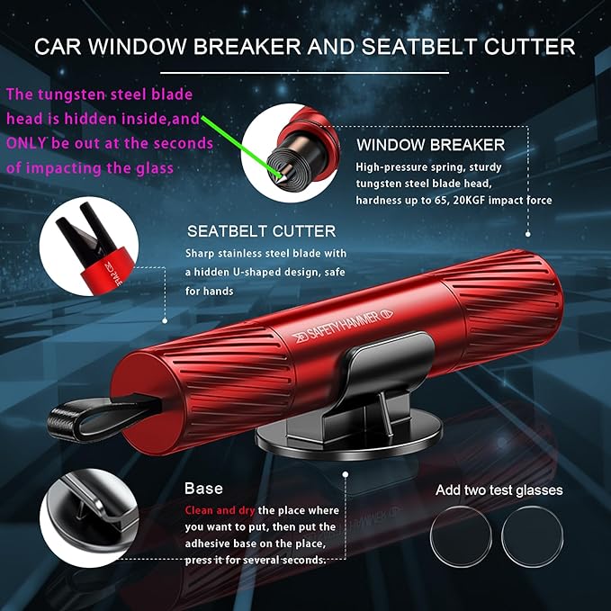 Emergency Seat Belt Cutter and Window Glass Breaker Hammer Tool, Life Hammer Car Eescape Tool and Seatbelt Cutter,Car Essentials Accessories (2Pack: Red+Black)