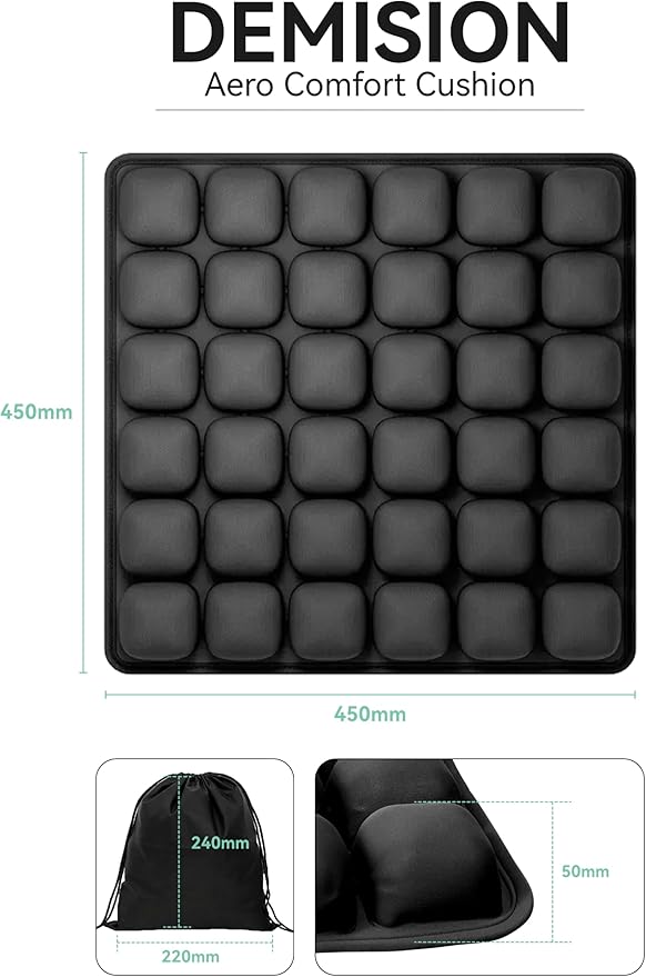 Inflatable 3D Travel Cushion for Airplane, Tailbone Pain Relief Seat Pad with Ergonomic Support, Anti-Slip Bottom, Built-in Pump & Carry Bag for Travel/Office/Car – 36 Air Cells, Green