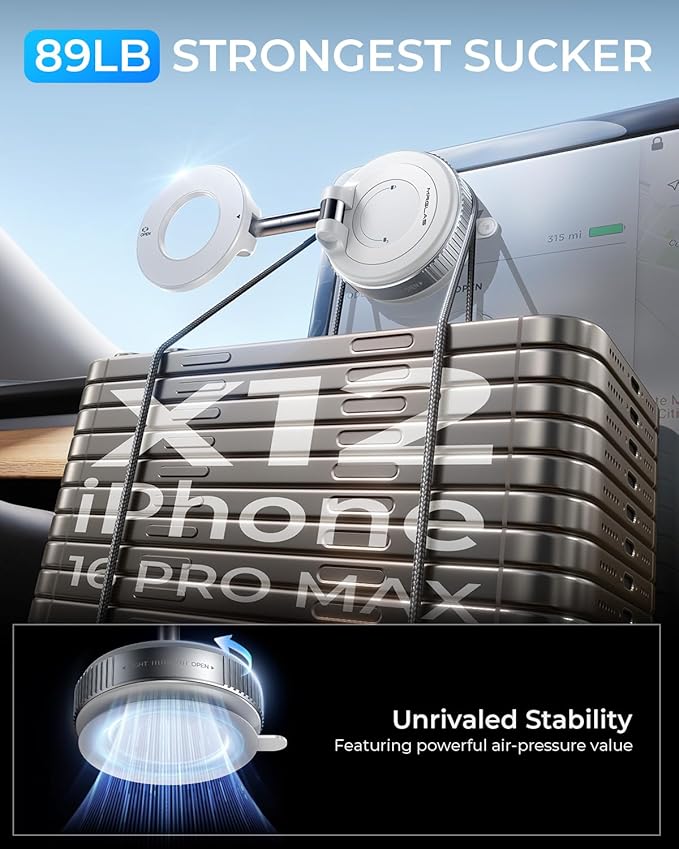 MRGLAS 2025 Upgraded Vacuum Magnetic Phone Holder, for Magsafe Suction Cup Phone Mount Car Truck Accessories for Women Men [89+LBS Suction & 2800gf Magnetic] Fathers Day for Gifts, 360° Adjustable