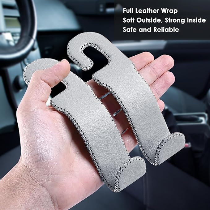 Leather Car Seat Hooks - U-Shaped Purse Holder for Car, Fully Leather-Wrapped Headrest Hooks for Purses, Bags & Coats, Durable Seat Back Organizer for Travel & Daily Use (Gray, 2 Pack)