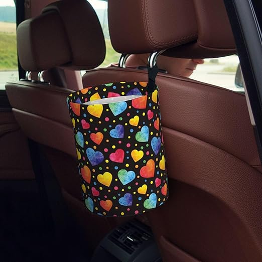 Car Trash Bag Watercolor Hearts Waterproof Trash Small Car Can Portable Collapsible Car Garbage Can Hanging for Back Seat Floor or Hanging Headrest Car Decor Road Trip Essentials