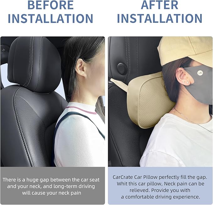 Car Neck Pillow for Headrest, 2 Pack PU Leather Car Headrest Pillow for Neck Support, Super Soft Ergonomic Du-Pont Bio Cotton Travel Pillow with Adjustable Strap (Beige, Shaped Style)